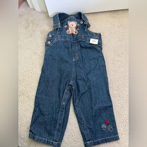 Little Me Dark Blue Denim Bear Applique Overalls with Red Paw Detail